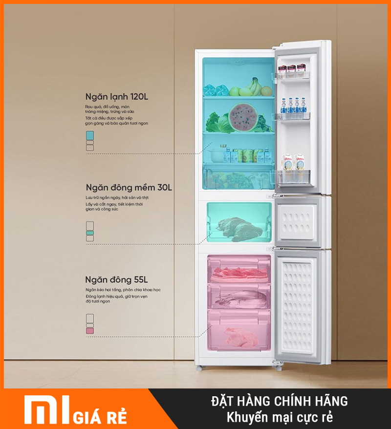 Tủ Lạnh 3 Cánh Xiaomi Mijia 205L Ngăn Đông Mềm