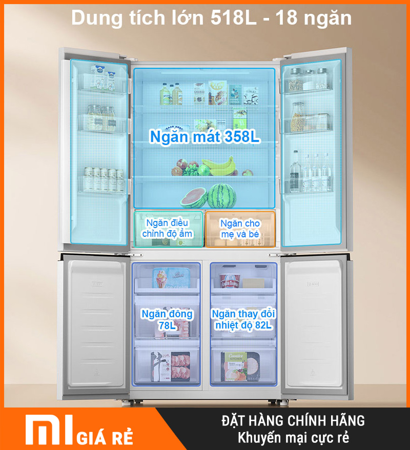 Tủ Lạnh Xiaomi Mijia 518L Âm Tường 4 Cánh Có Ngăn Đông Mềm 